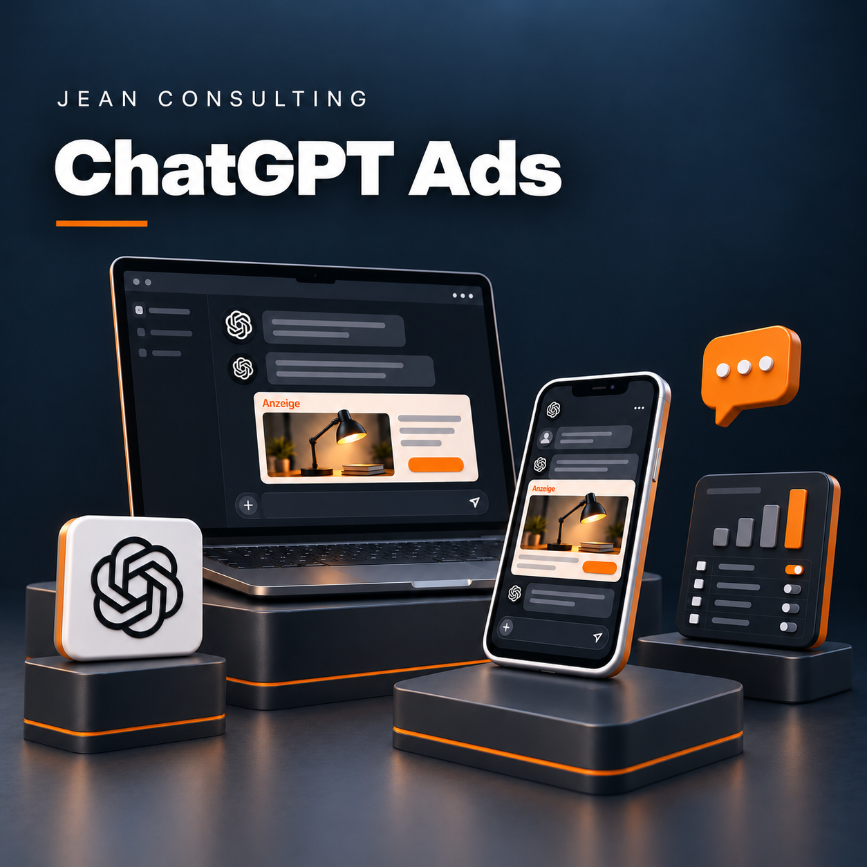 ChatGPT Ads: konzeptionelle 3D-Illustration mit Laptop- und Smartphone-Konversation, separat gekennzeichneter Anzeige, ChatGPT-Logo und abstrakter Kampagnen&uuml;bersicht