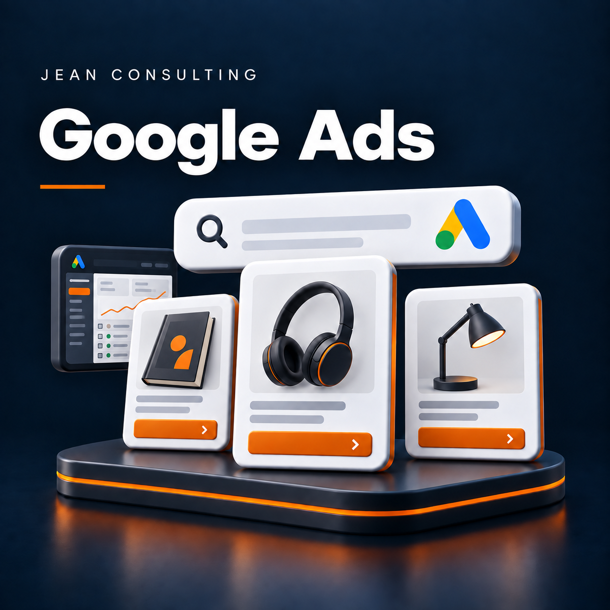Google Ads: Produktanzeigen mit Buch, Kopfh&ouml;rern und Leuchte sowie abstraktem Kampagnen-Dashboard