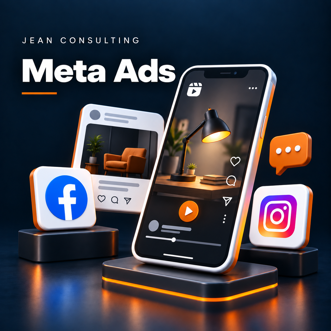 Meta Ads: schematische Illustration in Jean-Consulting-Farben, keine echten Kampagnendaten