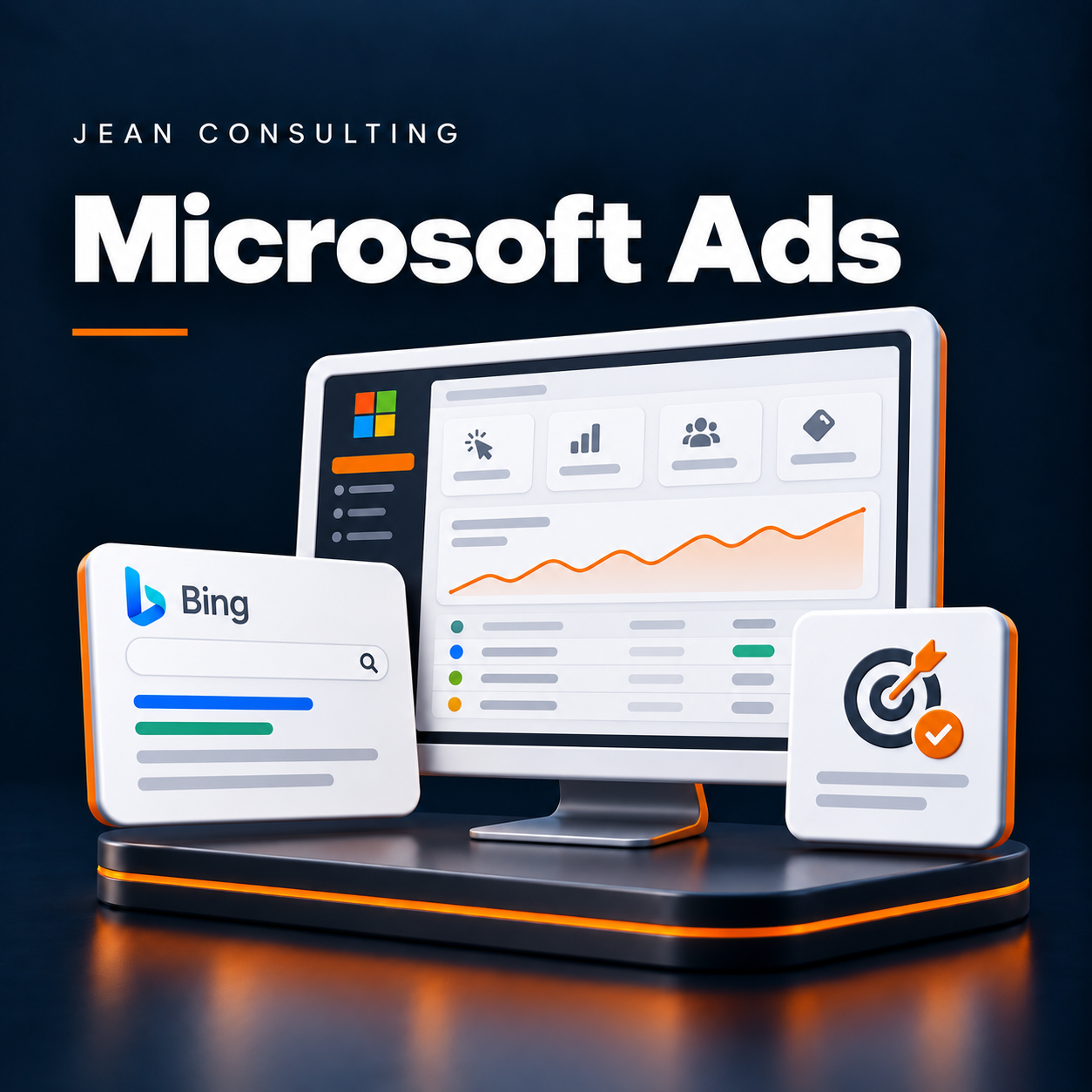 Microsoft Ads: schematische Illustration in Jean-Consulting-Farben, keine echten Kampagnendaten