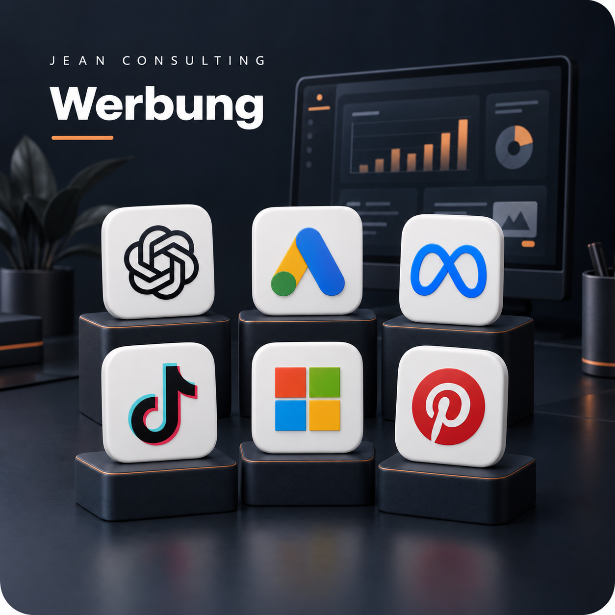 Werbung bei Jean Consulting: Illustration mit den Logos von ChatGPT, Google Ads, Meta, TikTok, Microsoft und Pinterest