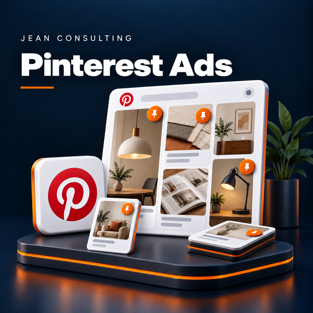Pinterest Ads: schematische Illustration in Jean-Consulting-Farben, keine echten Kampagnendaten
