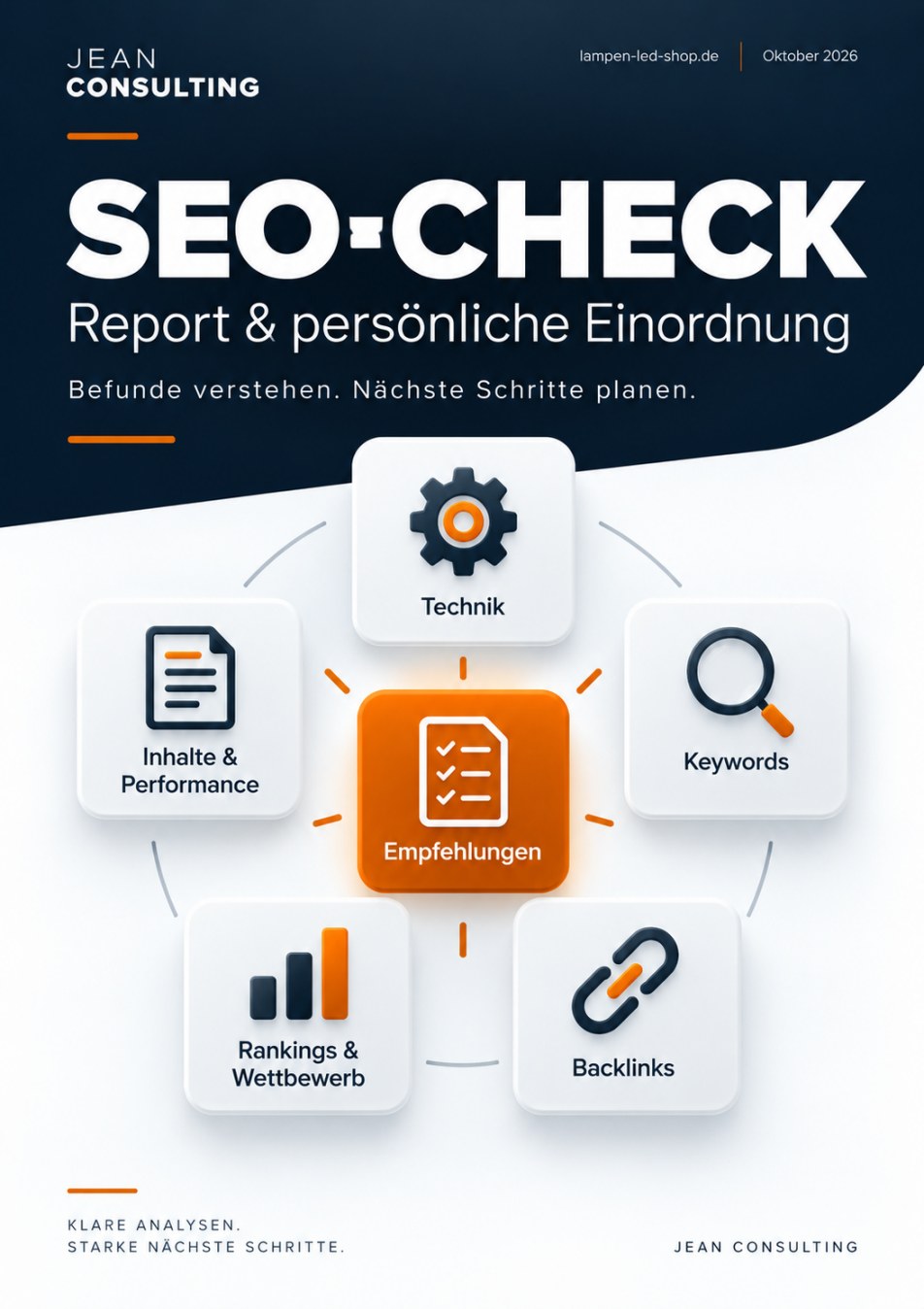 SEO-Check-Deckblatt von Jean Consulting mit fünf Analysebereichen und Empfehlungen
