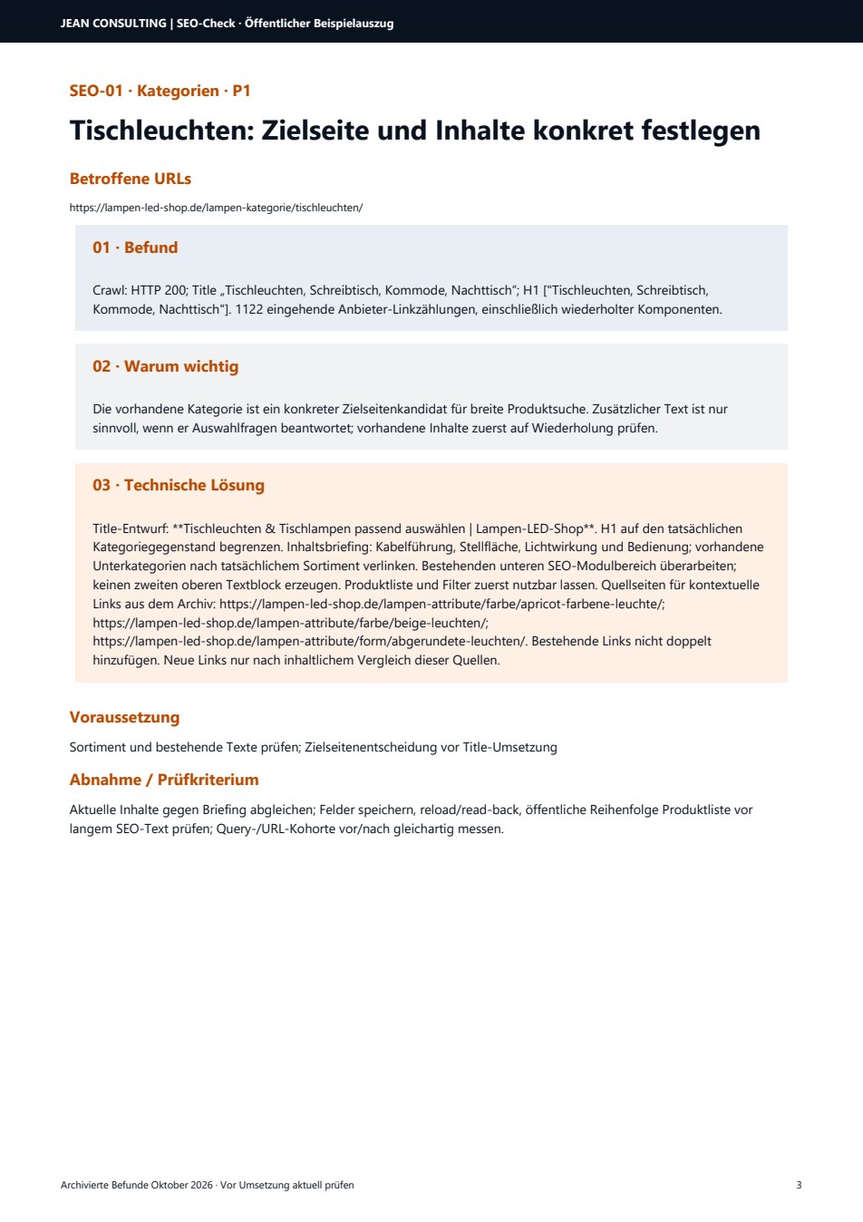 Beispielmaßnahme für Tischleuchten: Befund, Warum wichtig, Technische Lösung und Prüfkriterium