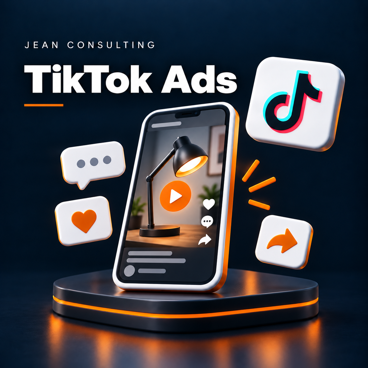 TikTok Ads: schematische Illustration in Jean-Consulting-Farben, keine echten Kampagnendaten