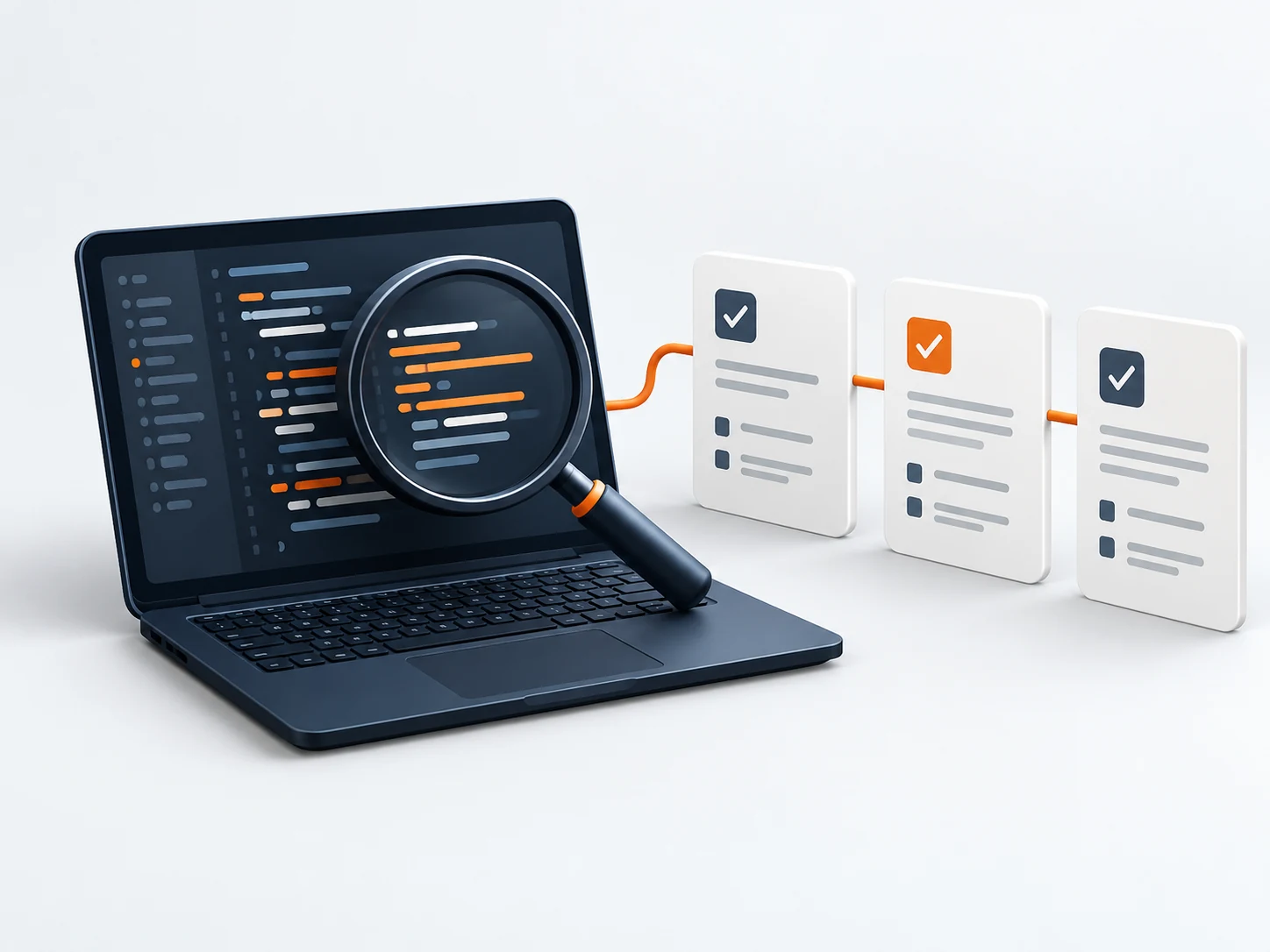 Software-Prüfung: Code auf einem Laptop, Lupe und dokumentierte Prüfschritte