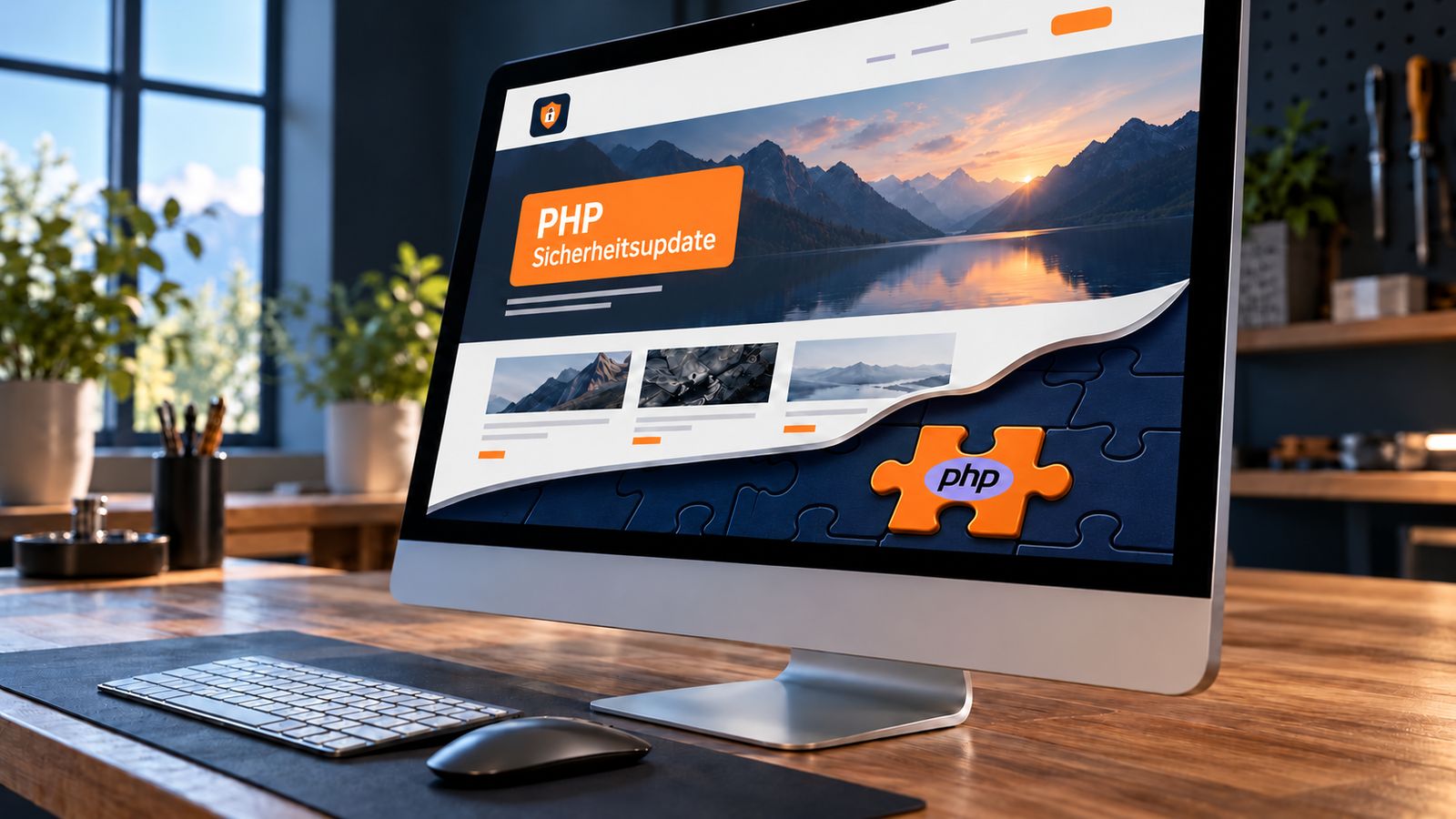 Illustration eines PHP-Sicherheitsupdates: PHP-Logo auf einem orangefarbenen Puzzleteil unter der Website und ein Sicherheitssymbol links oben