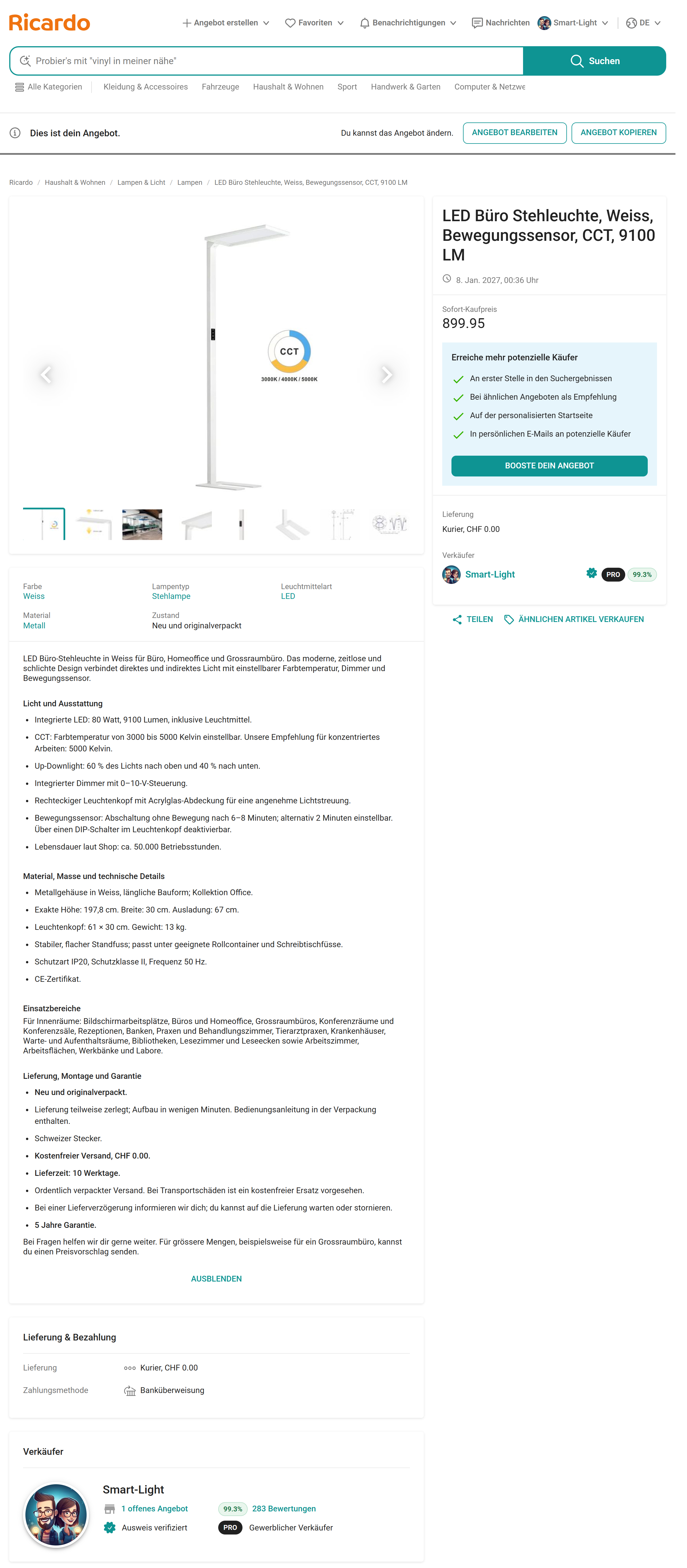 Durchgehender Screenshot des veröffentlichten Ricardo.ch-Angebots mit vollständiger Produktbeschreibung und Lieferangaben